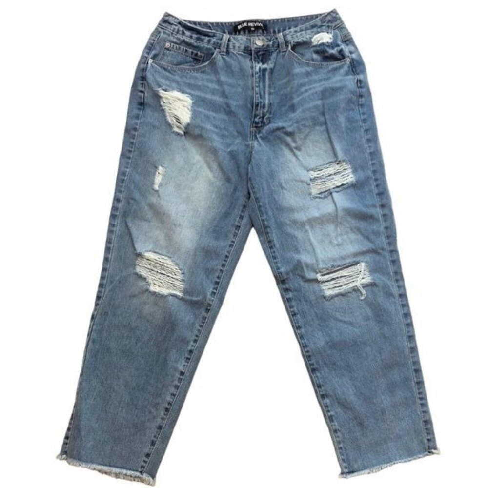 Blue Revival Distressed High Rise Boyfriend Medium Wash Jeans